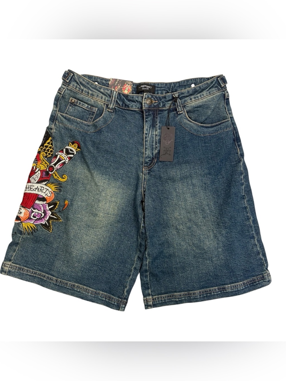 Ed Hardy Denim jorts with Embroidered Heart Accent - Blue